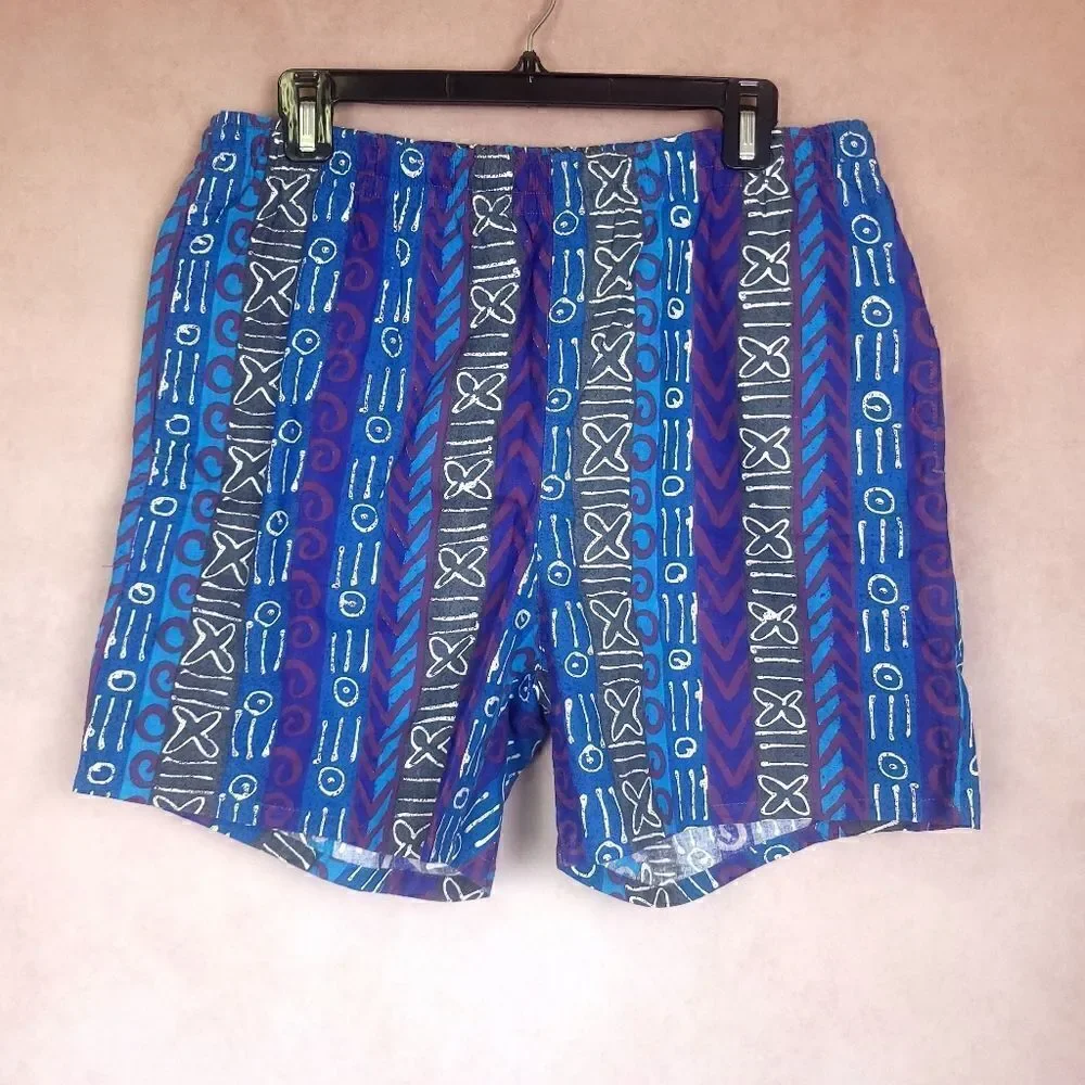 Vintage Campus Swim Trunks Shorts Blue Purple Grey Native Print Size Large